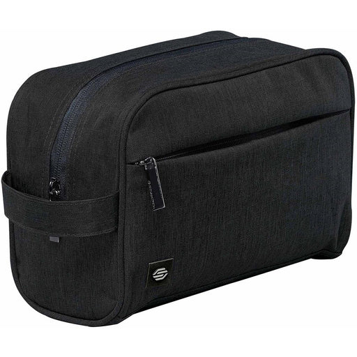 Cupertino Toiletry Bag - A black toiletry bag with a zippered main compartment and a front pocket, featuring a logo.