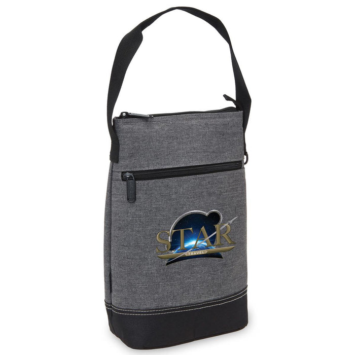 Tirano Two Bottle Wine Cooler - A drink bottle cooler in grey, featuring a front pocket and an adjustable strap. It has a logo on the front.