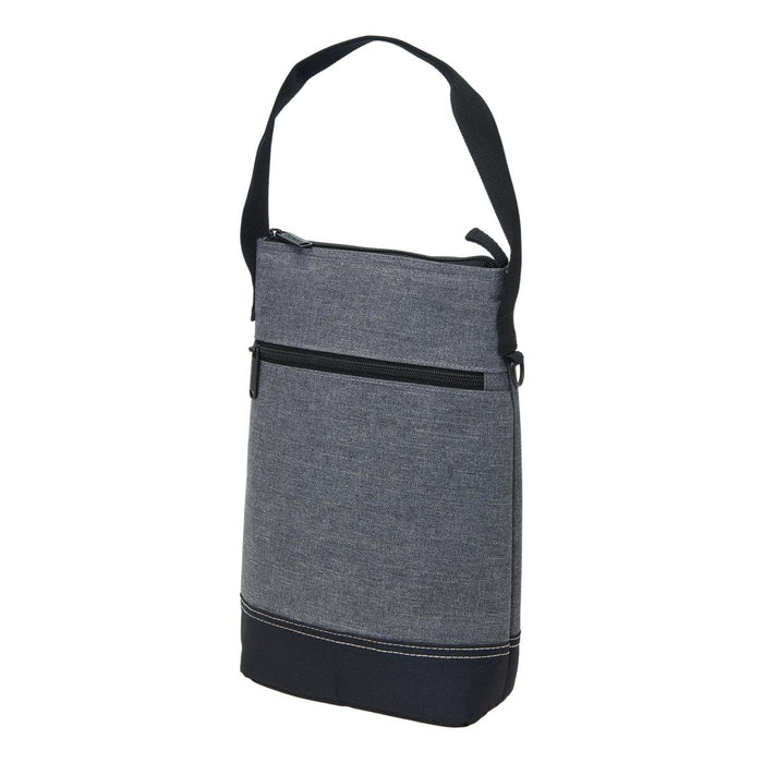 Tirano Two Bottle Wine Cooler - A drink bottle cooler in grey fabric with a black bottom and a shoulder strap. Features a zippered closure and a branding logo.