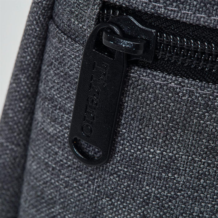 Tirano Two Bottle Wine Cooler - A drink bottle cooler in grey fabric, featuring a zippered compartment and a pull tab with branding.
