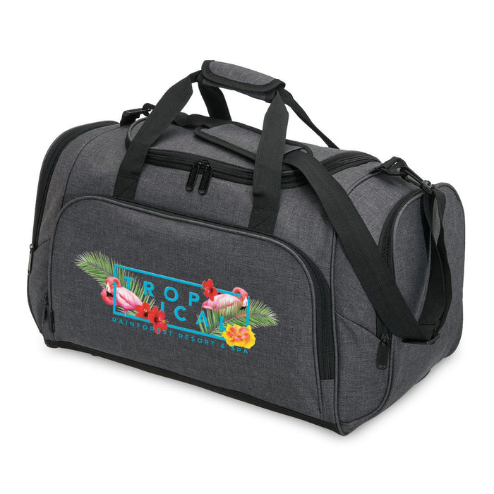 Tirano Travel Bag - A grey duffle bag with a graphic design featuring tropical elements and a logo. It has dual handles and a shoulder strap.