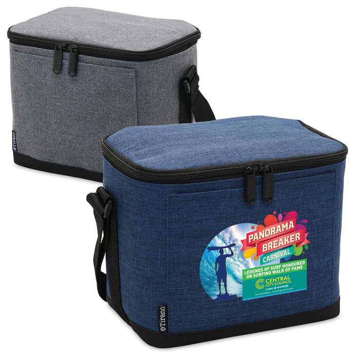 Tirano 6 Pack Cooler - A drink cooler bag featuring two colours: grey and navy blue, with a shoulder strap and a logo.