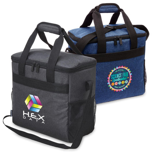 Tirano Cooler - A dual set of cooler bags in black and navy blue, featuring handles and mesh pockets, with logos displayed.