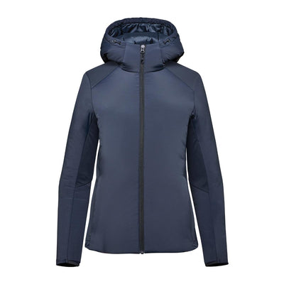 Women's Cascadia Thermal Jacket - A women's puffer jacket in navy blue with a hood and front zip closure. It features a sleek design and has a logo.