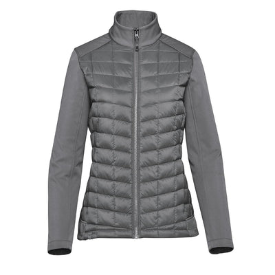 Women's Appalachian Thermal Softshell Jacket - A grey women's softshell jacket featuring a quilted design and high collar, with a zippered front and branding.