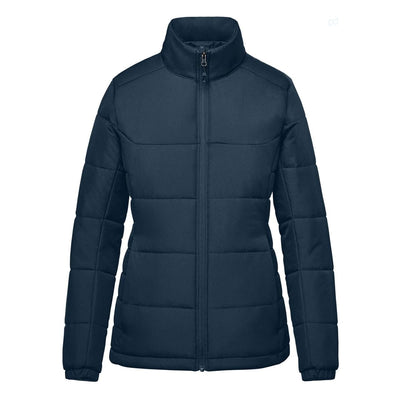 Women's Sierra Thermal Jacket - A women's puffer jacket in navy blue, featuring a zip-up front and high collar. It has a logo on it.
