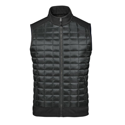 Men's Appalachian Thermal Softshell Vest - A black thermal softshell vest featuring a quilted design and a full front zip, with a sleek collar and pockets.