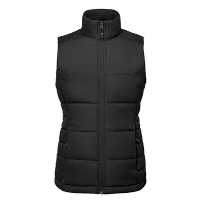 Women's Sierra Thermal Vest - A black thermal vest featuring a high collar and zippered front, with padded sections and side pockets.