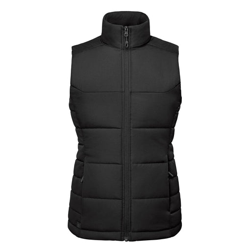 Women's Sierra Thermal Vest - A black thermal vest featuring a high collar and zippered front, with padded sections and side pockets.