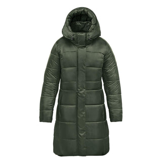 Women's Elkridge Parka - A women's puffer jacket in olive green with a hood, featuring a quilted design and a knee-length cut.