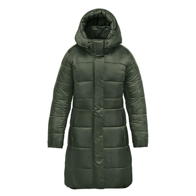Women's Elkridge Parka - A women's puffer jacket in olive green with a hood, featuring a quilted design and a knee-length cut.