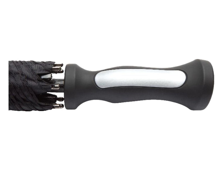 Blizzard 30" RPET Golf Umbrella - A black handle of an umbrella with a silver accent, featuring several bent ribs at the top.