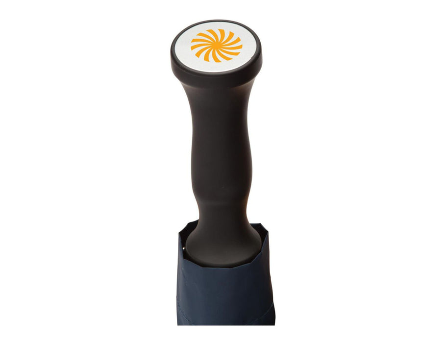 Blizzard 30" RPET Golf Umbrella - A navy blue golf umbrella with a black handle and a top featuring a swirl design. It includes a branding logo.
