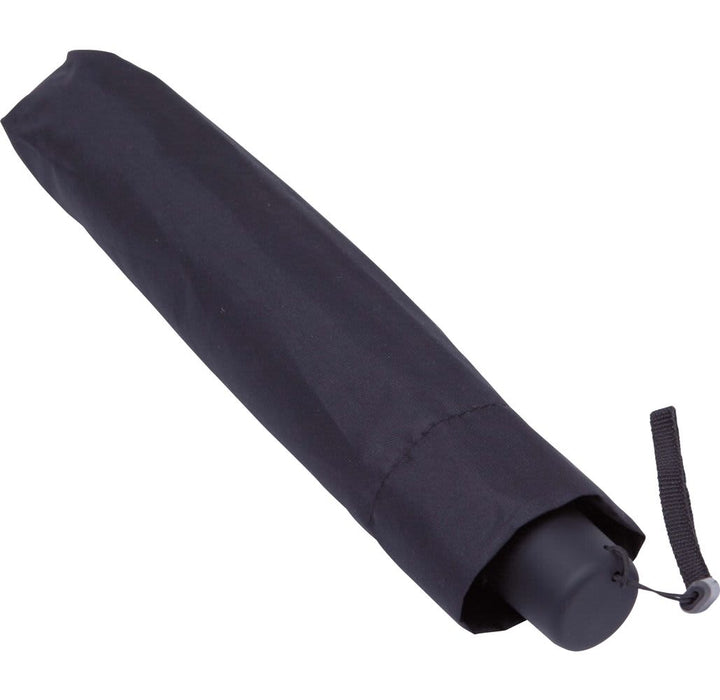 Compact Traveller Umbrella - A black compact umbrella folded in a protective sleeve, featuring a toggle for easy carrying.