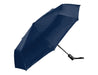 Como Fold-Up Umbrella - A fold-up umbrella in navy blue, featuring a black handle and a logo on the canopy.