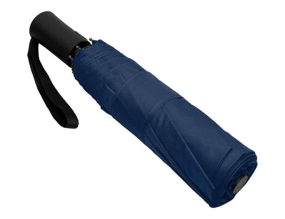 Como Fold-Up Umbrella - A navy fold-up umbrella with a black handle and a strap for easy carrying. It features a logo on the handle.