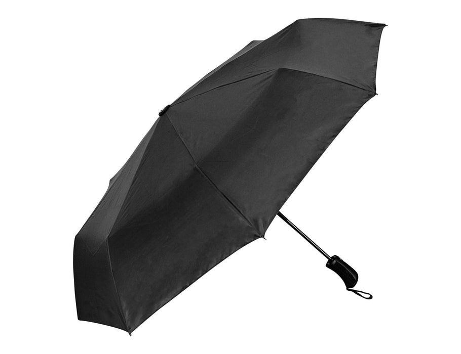 City 23" RPET Fold-Up Umbrella - A black RPET fold-up umbrella with a sleek design and a compact handle, featuring a logo.