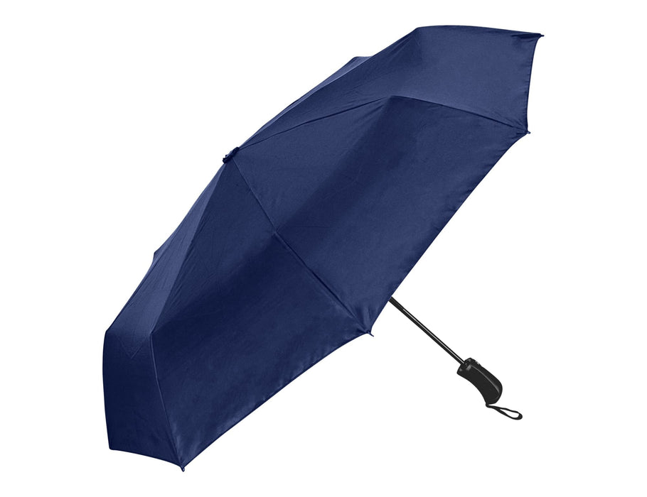 City 23" RPET Fold-Up Umbrella - A navy blue fold-up umbrella made from RPET material, featuring a compact design and a logo.