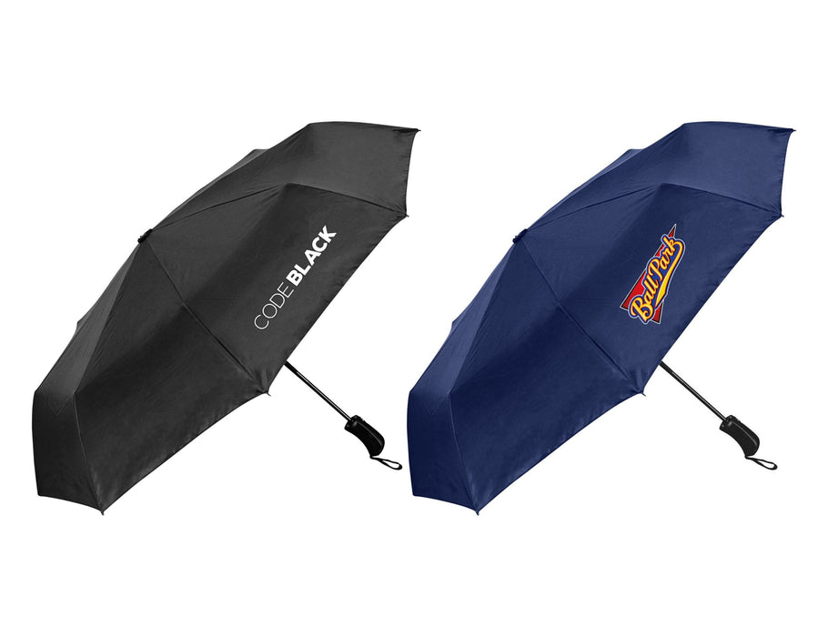 City 23" RPET Fold-Up Umbrella - A fold-up umbrella in black and navy blue, featuring a logo on each side. Made from RPET material.