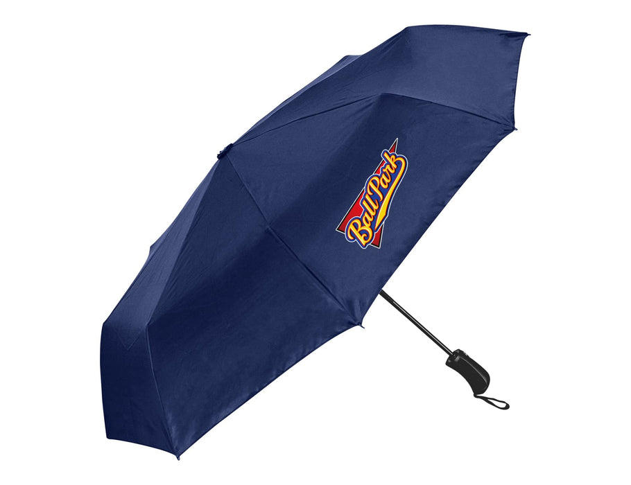 City 23" RPET Fold-Up Umbrella - A navy fold-up umbrella made from RPET material, featuring a logo on the canopy.