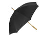 Urban 24" RPET Umbrella - A black umbrella with a wooden handle and a gold-tone shaft, featuring a logo on the canopy.