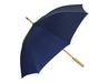 Urban 24" RPET Umbrella - A navy blue RPET umbrella with a wooden handle and a metal frame, featuring a logo.