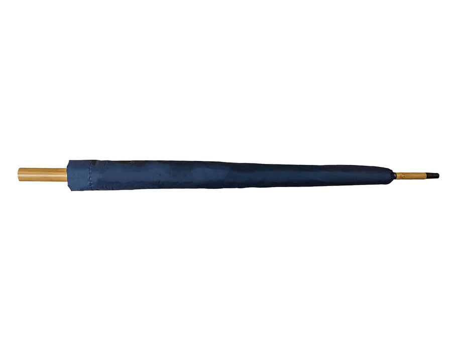 Urban 24" RPET Umbrella - A navy RPET umbrella with a gold handle, featuring a simple design and a branding logo.