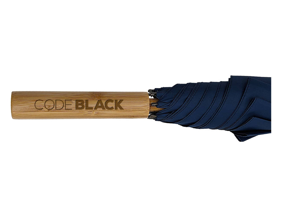 Urban 24" RPET Umbrella - A navy RPET umbrella featuring a wooden handle with an engraved logo.