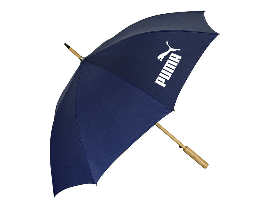 Urban 24" RPET Umbrella - A navy umbrella with a wooden handle and branding on the canopy.