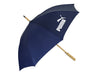 Urban 24" RPET Umbrella - A navy umbrella with a wooden handle and branding on the canopy.
