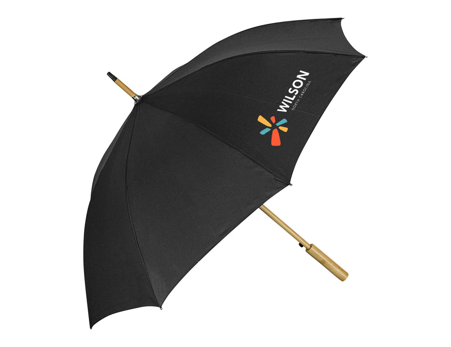 Urban 24" RPET Umbrella - A black RPET umbrella with a wooden handle and a logo on the canopy, ideal for leisure and outdoor activities.