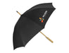 Urban 24" RPET Umbrella - A black RPET umbrella with a wooden handle and a logo on the canopy, ideal for leisure and outdoor activities.