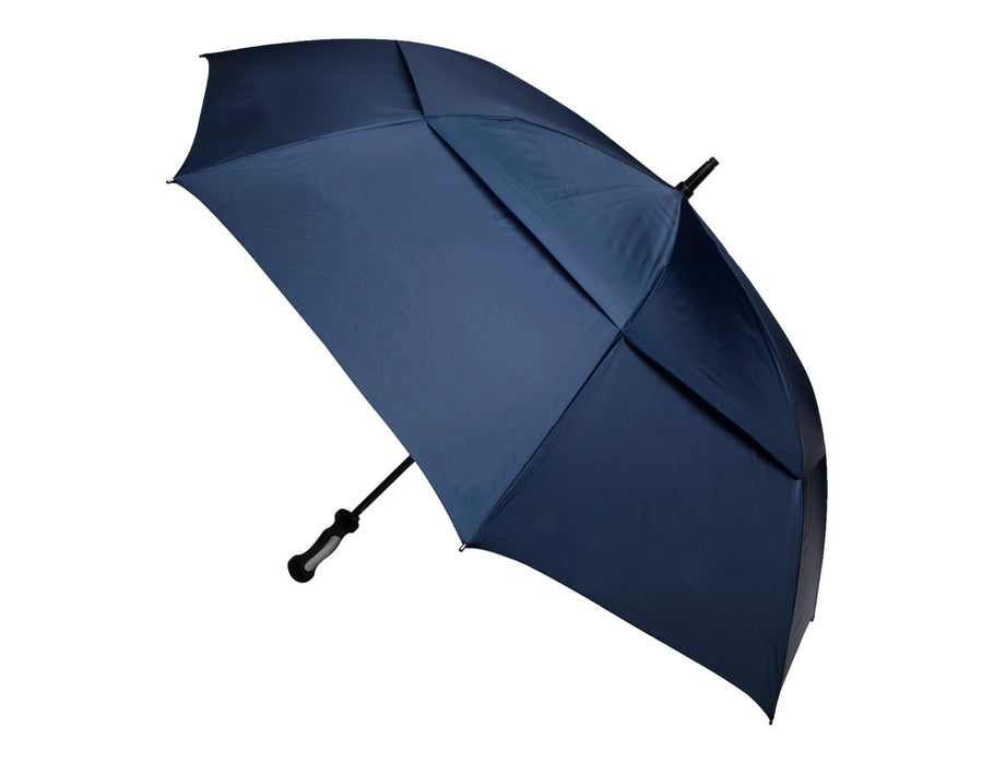 Blizzard 30" RPET Golf Umbrella - A navy blue RPET golf umbrella with a black handle and an emblem on the canopy.
