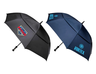 Blizzard 30" RPET Golf Umbrella - A black and navy golf umbrella featuring a logo, with a sleek, dual-panel design.