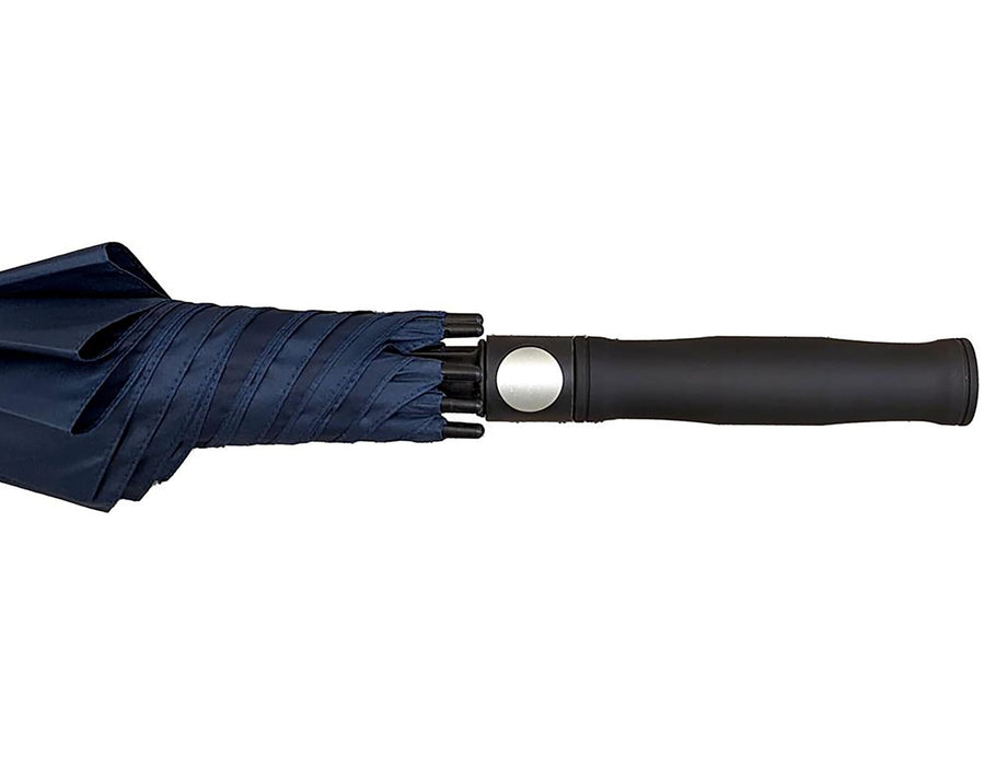 Designa Screen Print Promo Umbrella-Air - A navy blue promotional golf umbrella with a black handle and a logo on the side.