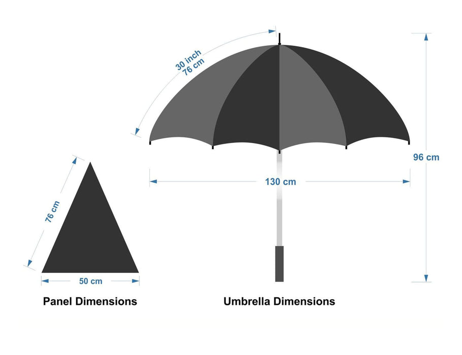 Designa Screen Print Promo Umbrella-Air - A black golf umbrella with a grey panel design, featuring dimensions for both the umbrella and a panel.