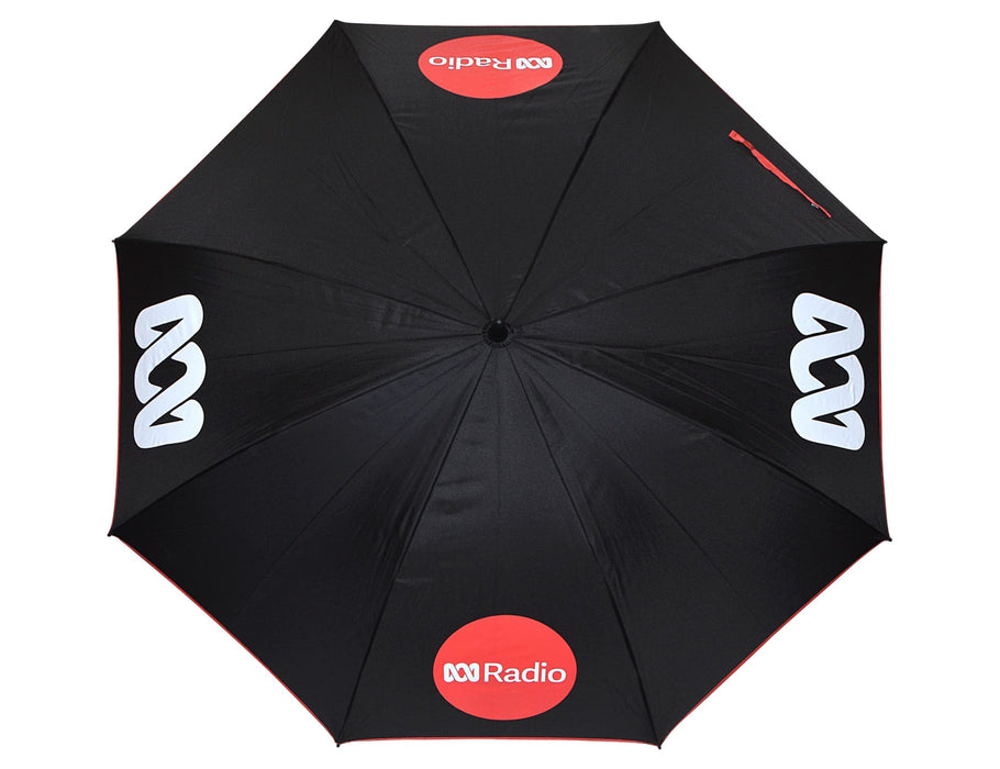 Designa Screen Print Promo Umbrella-Air - A black umbrella with a design featuring logos, shown from an overhead view.