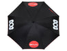Designa Screen Print Promo Umbrella-Air - A black umbrella with a design featuring logos, shown from an overhead view.