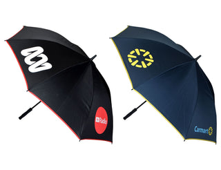 Designa Screen Print Promo Umbrella-Air - A promotional umbrella featuring a black side with logos and a navy side with a logo, equipped with a black handle.
