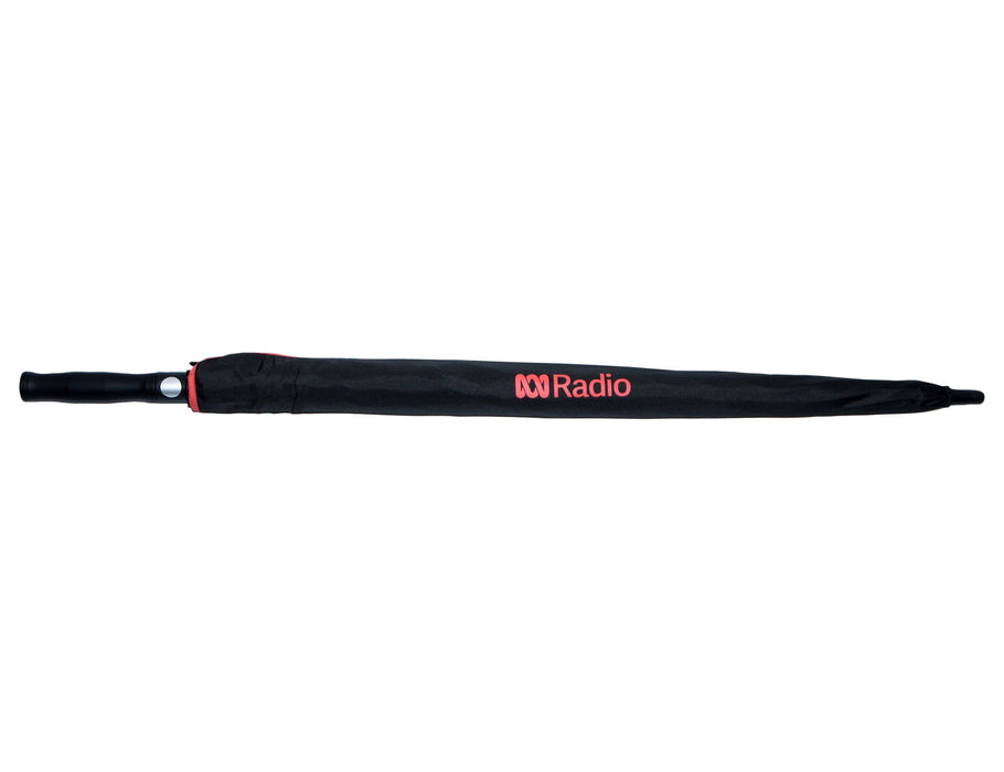 Designa Screen Print Promo Umbrella-Air - A black umbrella with a handle and a branding logo in red on the cover.