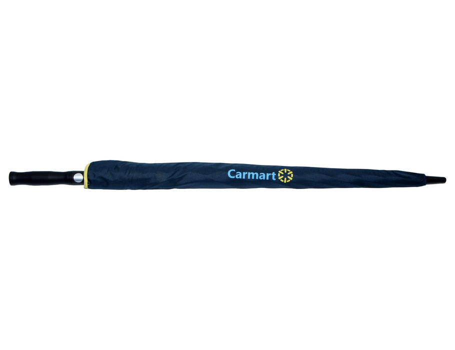 Designa Screen Print Promo Umbrella-Air - A navy umbrella with a black handle and a branding logo on the canopy.