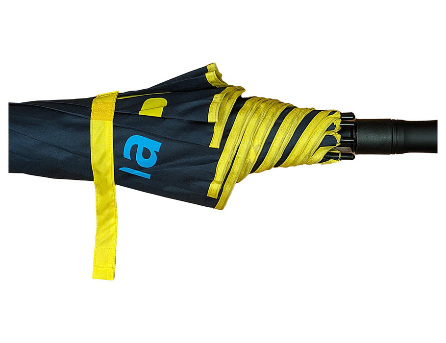 Designa Screen Print Promo Umbrella-Air - A navy and yellow promotional umbrella, rolled up with a black handle, featuring a logo.