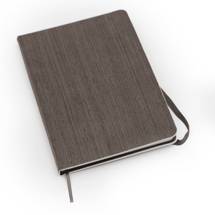 The Barker Eco Notebook - B6 - A brown eco notebook with a textured cover and a matching ribbon bookmark. It also features a logo.