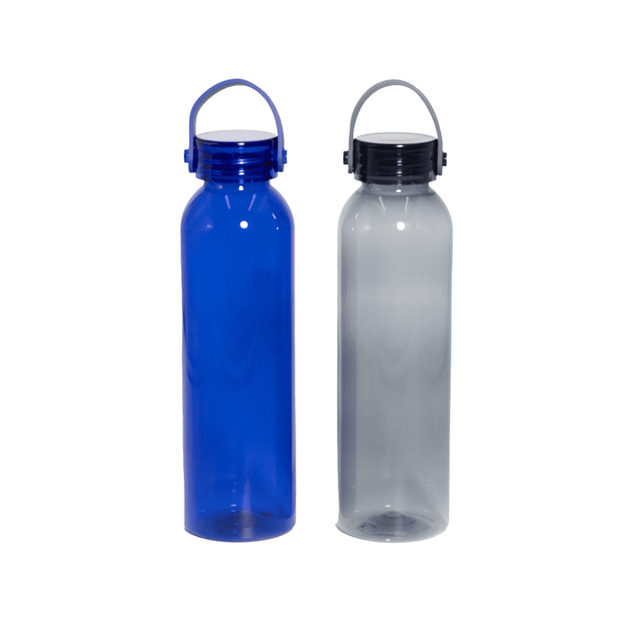 Clearview RPET 630ml Drink Bottle - A drink bottle featuring a blue and a clear variant, both with a screw top and a carry handle.