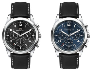 Chrono Unisex Watch, Leather Strap - A unisex Chrono watch with a black leather strap, featuring two dial options: black and blue. Each has a branded logo.