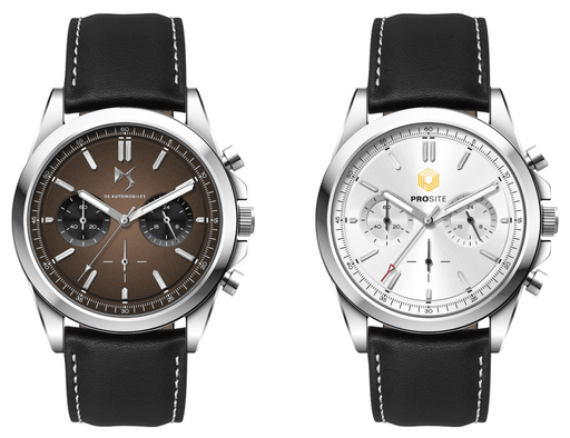 Chrono Unisex Watch, Leather Strap - A unisex watch featuring a brown dial and black leather strap alongside a silver dial and leather strap watch.