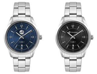 Ladies Casual Dress Watch, Stainless Steel Strap - Two stainless steel strap watches featuring a blue dial and a black dial, both with numeric markers and a date display.