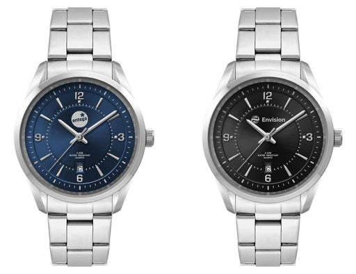 Ladies Casual Dress Watch, Stainless Steel Strap - Two stainless steel strap watches featuring a blue dial and a black dial, both with numeric markers and a date display.