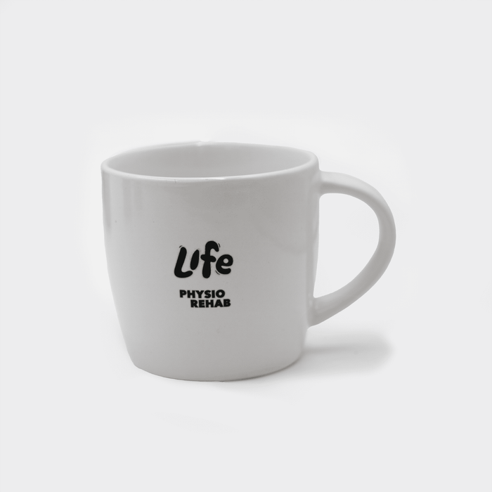 The Maxwell 330ml Ceramic Mug - A white ceramic mug with a handle and a logo printed on the side.
