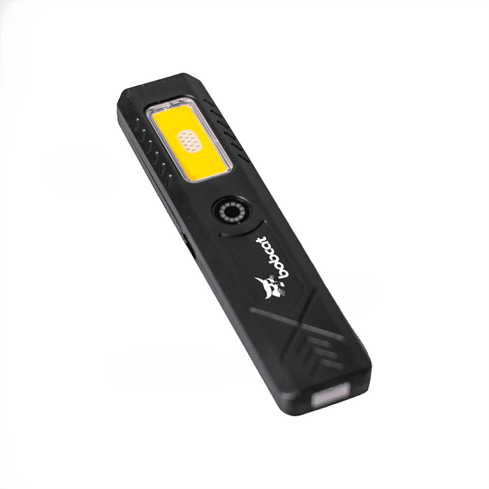 Rechargeable Work Light - A rechargeable work light in black with a yellow lighting panel, featuring a logo on its surface.